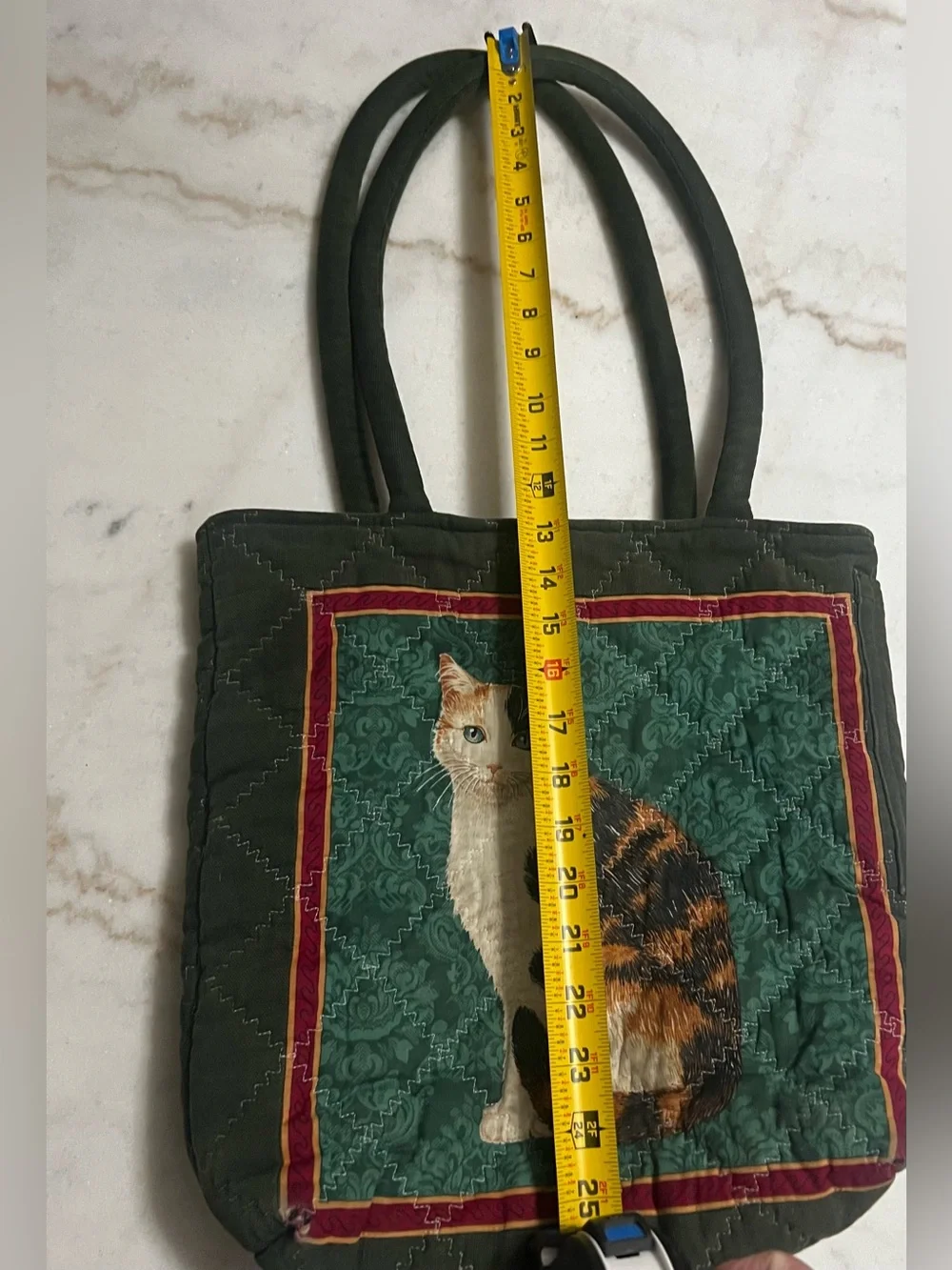 Vintage Hand Quilted Multi Color Open Top Tote Bag Calico And Tabby Cat Fabric